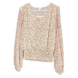 Joie Sheer Balloon Sleeve Smocked Waist Blouse Size M cream/brown/gold peasant